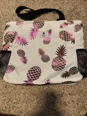 Pink Lily White Tote with Metallic Pink Pineapple Pattern and Black Straps